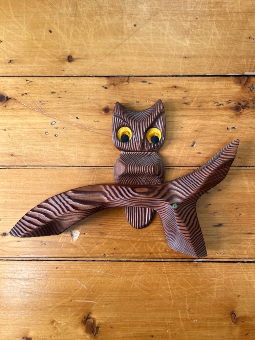 Wooden Owl Wall Hanging - Brown with Yellow Eyes